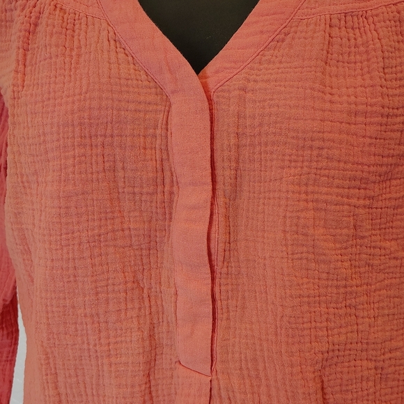 Women's Small Coral/Pink Gauze Long Sleeves Blouse Raw Hem 100% Cotton Flowy - Picture 3 of 9